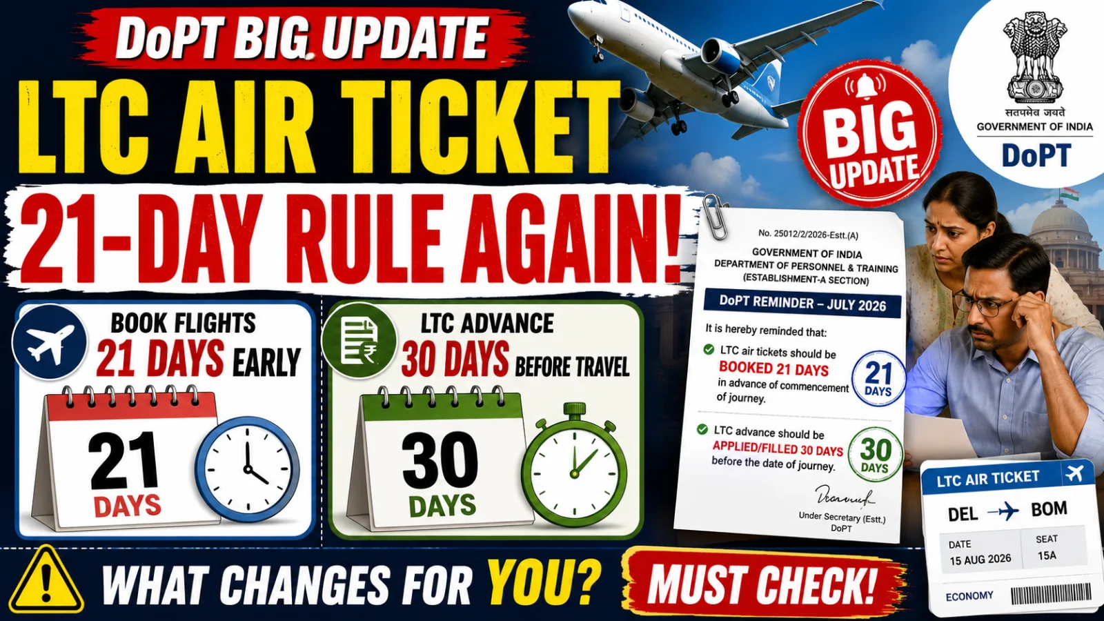 LTC Air Ticket Booking: DoPT Sets 21-Day Rule Again