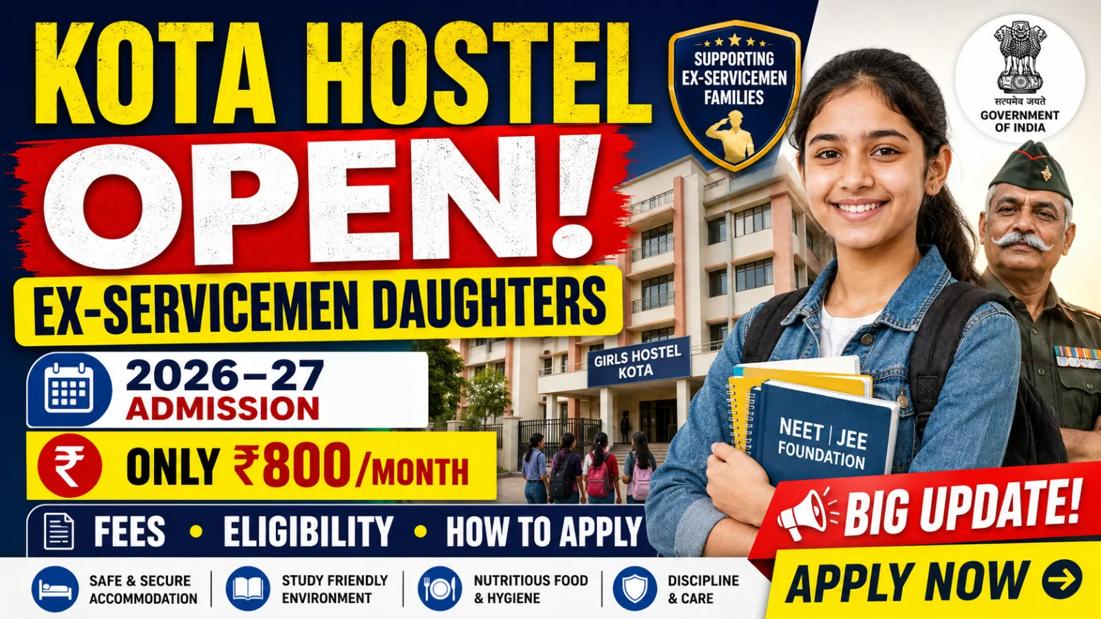 Kota Hostel for Ex-Servicemen Daughters 2026-27: Fees, Apply