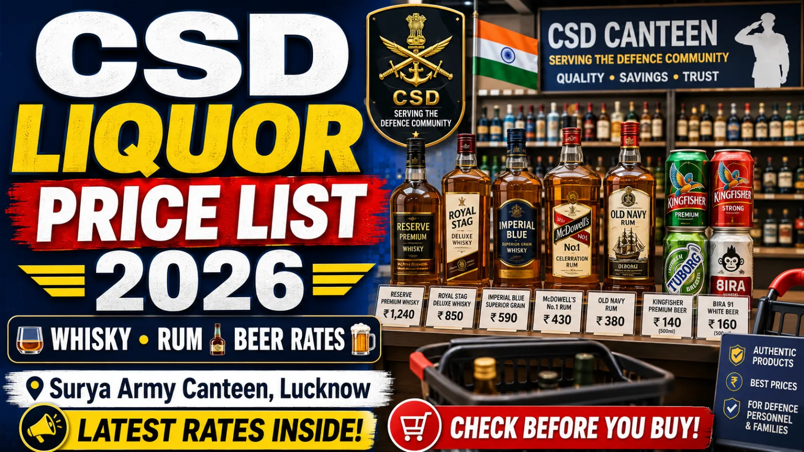 CSD शराब मूल्य सूची 2026: व्हिस्की, रम, बीयर के रेट