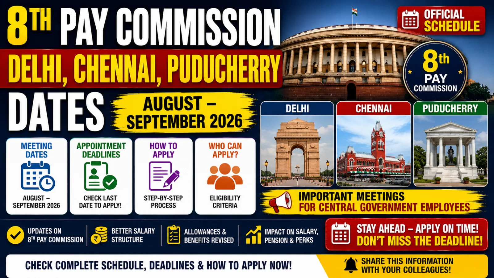 8th Pay Commission Delhi, Chennai, Puducherry Dates